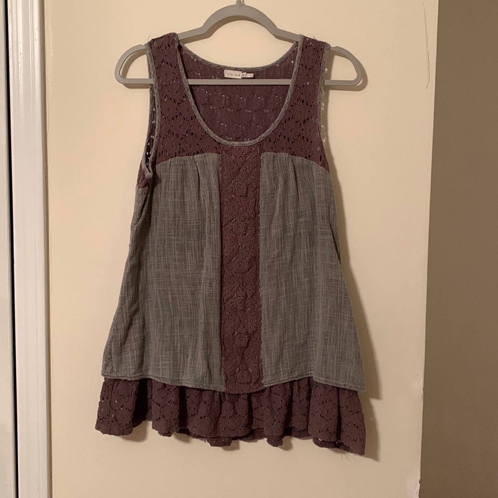 Cotton/Linen -Blue Bird Taupe Sleeveless Ruffle Tunic W/ Lace Details